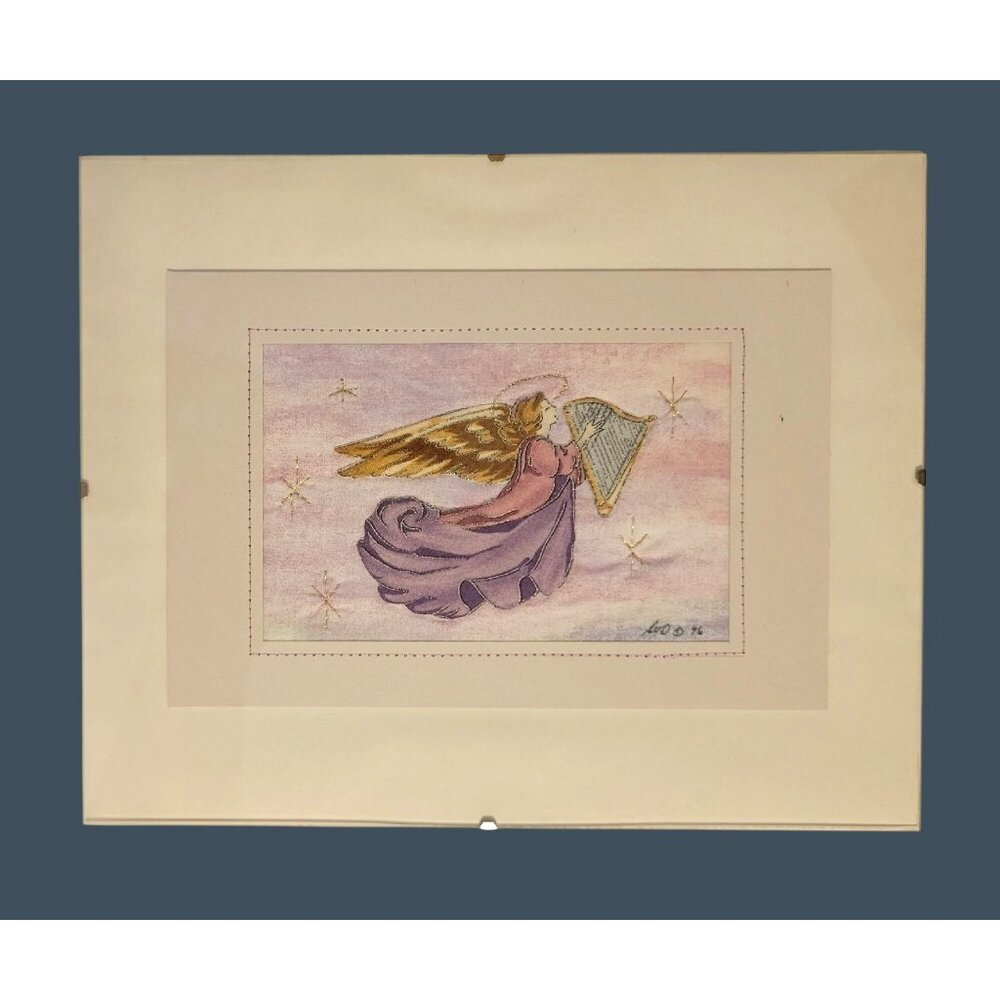Angel & Harp Fabric Quilted Art Sherri Dunbar Mixed Media, 8x10 Framed